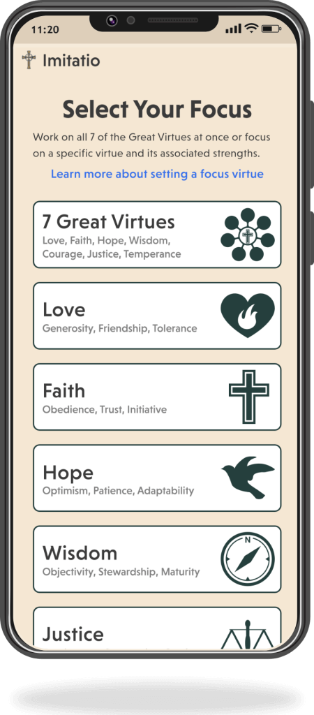 Screenshot of Imitatio app showing functionality to grow Christian character and select focus virtues to cultivate in daily life.