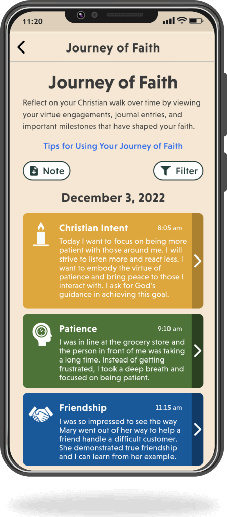 Screenshot of Imitatio app showing Journey of Faith and functionality to enhance spiritual practice with journaling opportunities.