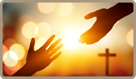 Image of two hands about to touch with a cross in the background for the app Imitatio: Follow Christ Daily.